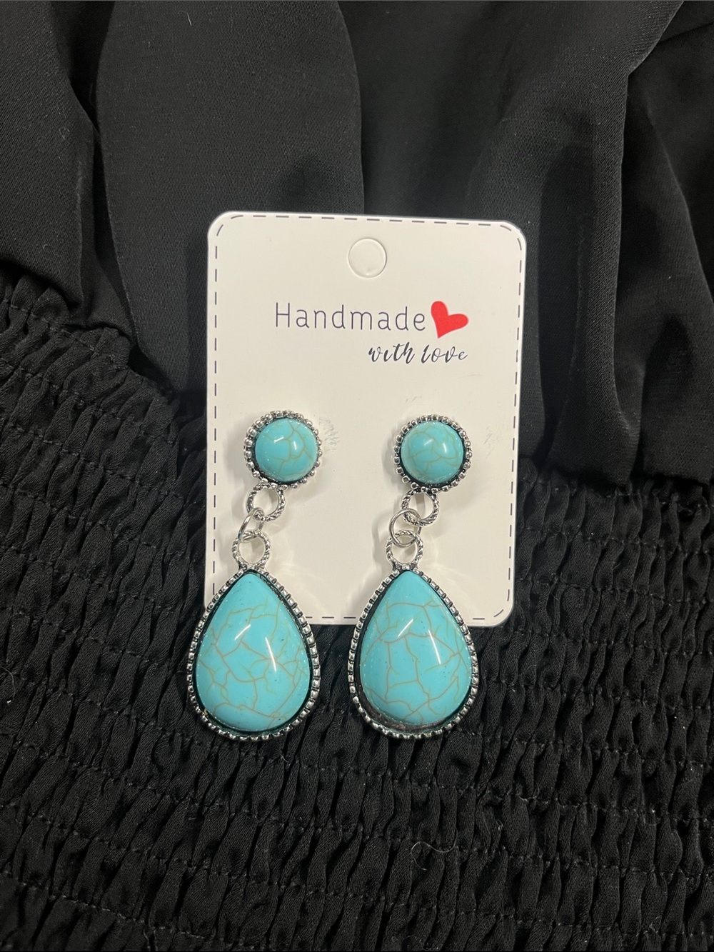 Handmade Turquoise Teardrop Dangle Earrings - Silver Trim